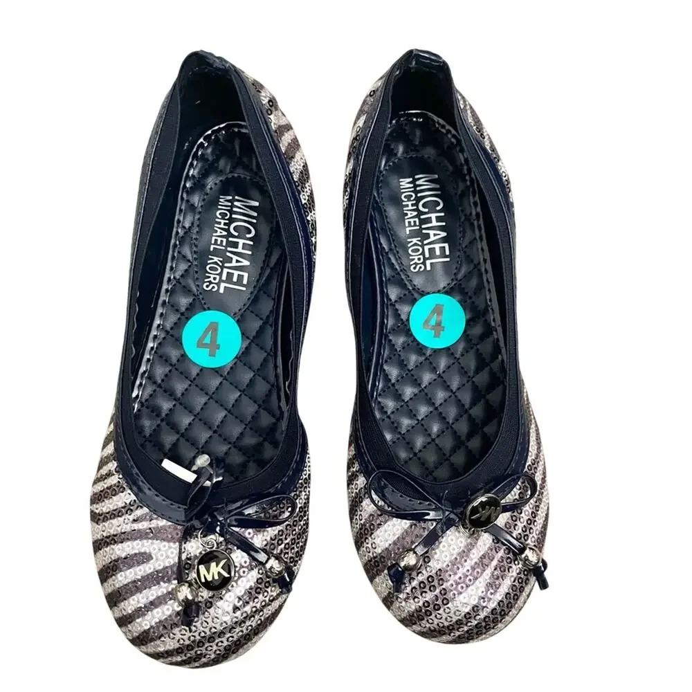 Michael Kors Girls Lil Kory Sequin Zebra Navy Silver Ballet Flat NEW size 4